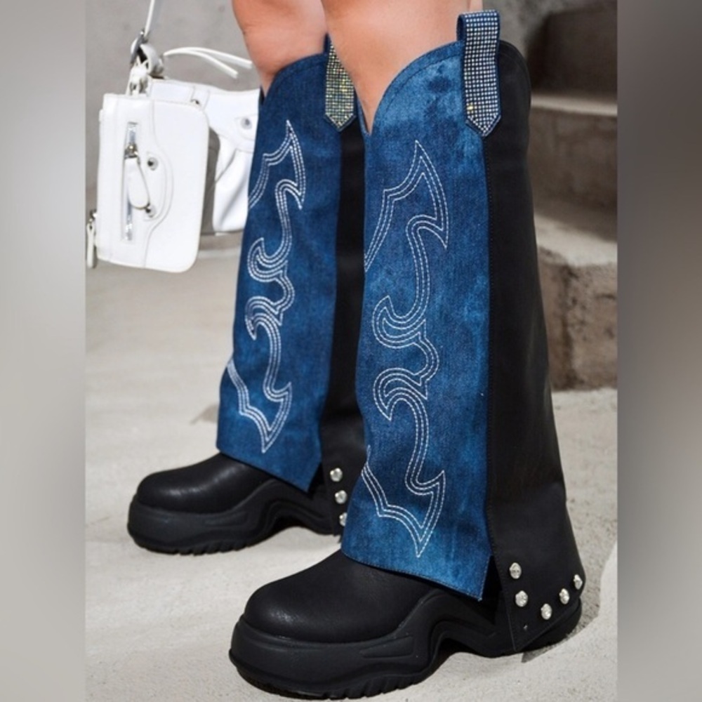 CAPE ROBBIN SUNGSU WESTERN DENIM/RHINESTONE PLATFORM BOOTS NIB